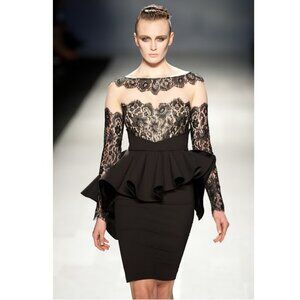 Mikael D PAVONI Peplum Black Lace Evening Dress